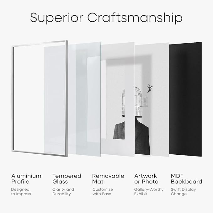 Homeforia 16x24 Silver Picture Frames, High End Metal 16x24 Poster Frame with Mat 12x18 in Photo, 16 x 24 Silver Frame Matted to 12 by 18 Print, 24x16 Hanging Frame, Tempered Glass, Wall Kit, Set of 2