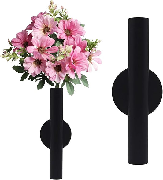 Adhesive Metal Wall Vase Holder - Decorative Tube for Dried/Faux Floral Display, Rust-Resistant Home & Office, Dining Room Also Suitable for Cemetery Memorial Display Decor (1 Pcs Black)