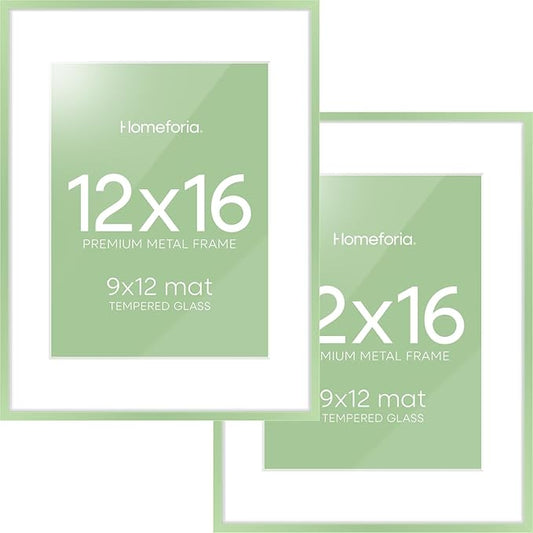 Homeforia 12x16 Sage Green Picture Frame, High End Metal 12x16 Poster Frames with Mat 9x12 Photo, 12 x 16 Sage Green Frame Matted to 9 by 12 Art, 16x12 Thin Frames, Tempered Glass, Wall Kit, Set of 2