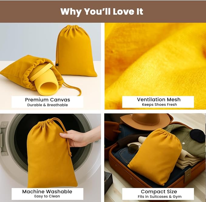 LFH Cotton Rich Shoe Storage Bags with Drawstring, Dustproof Breathable Reusable Organizer, Perfect For Travel, Dorm, Hotel, College, Gym, Easy to Carry, Machine Washable 8"x17" (Pack of 2) - Golden