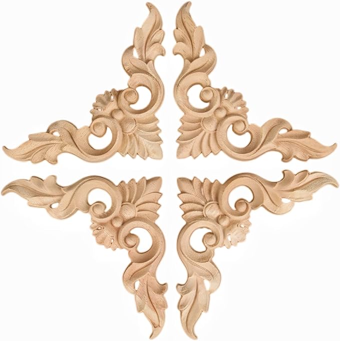 MUXSAM 4Pcs Wood Carved Appliques Onlays, Unpainted Little Wooden Corners Flower Carvings Decals for Mirrors Cabinets Walls Doors Chests Dressers Night Stand DIY Artwork Project, 8x8cm/3.15"x3.15"