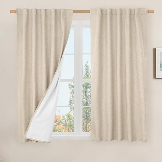LAMIT Natural 100% Blackout Linen Curtains, 54 Inches Linen Textured Thermal Bedroom Curtains Back Tab and Rod Pocket Neutral Panels with White Liner for Farmhouse, 2 Panels, 42 x 54 Inch, Linen