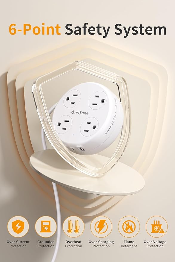 European Travel Plug Adapter - Retractable Power Strip with 4 AC Outlets & 3 USB Ports (USB-C), Type C Adapter for US to Most of Europe Iceland Spain Italy France Germany and More (White)