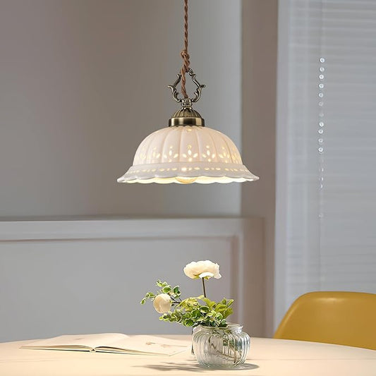 Ceramic Pendant Light 1-Light Adjustable Cord Industrial Ceiling Hanging Light Brass Vintage Chandelier for Kitchen Island Bar Dining Room Bedroom Foyer Hallway Farmhouse