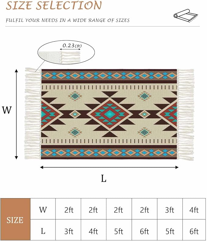 Boho Southwestern Runner Rug 3X5 Ft Bedroom Area Rug, Washable Woven Aztec Abstract Geometric Throw Carpet with Tassel, Non-Shedding Vintage Native American Patterned Dining Room Living Room Carpets