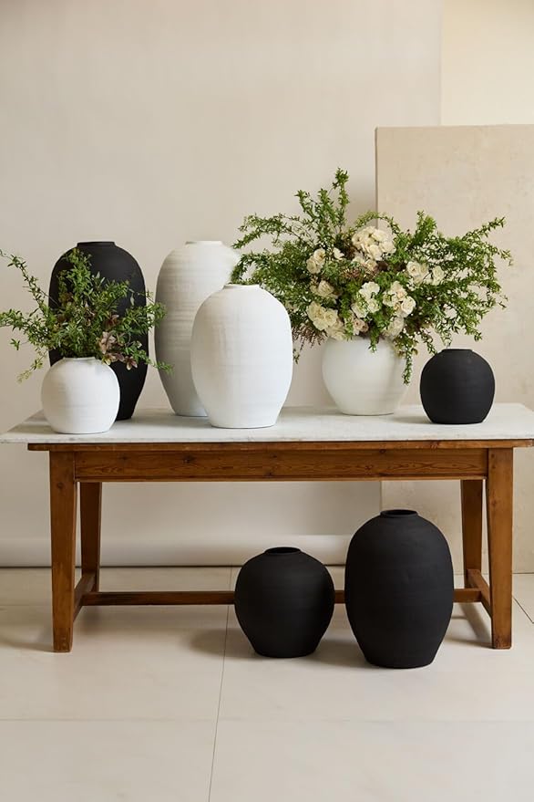 Crystal Modern Vase, Textured Round Belly Concrete Vase in Black or White, Available in Medium and Large Sizes, Decorative Accent for Floral Arrangements and Home Décor (White, Large)