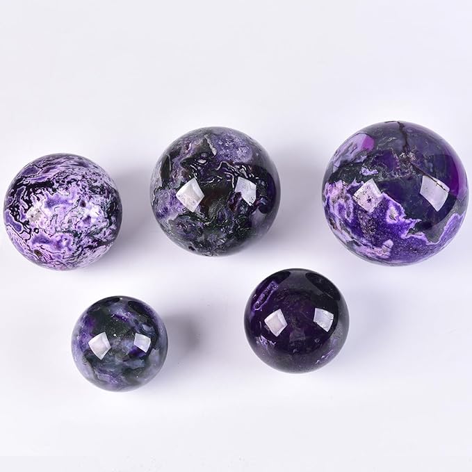JIC Gem 2.7-3.1 inch(70-80mm) Large Purple Moss Agate Crystal Sphere Quartz Crystal Ball with Stand Healing Ornament Witchcraft Meditation Decor