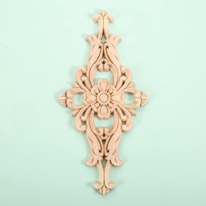 MUXSAM Wood Carved Appliques Furniture Decorative Onlays, 1Pc Unpainted DIY Center Carving Decal for Door Wall Ceiling Cabinet Dresser Mirror Bed Mantel Bench Decoration, 20x10cm/7.8"x3.94"