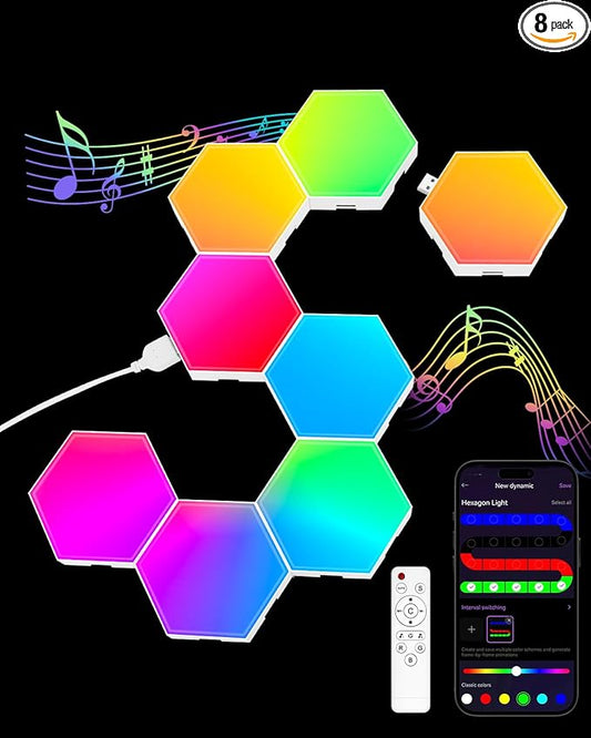 Hexagon LED Light Panels 8 Pack – RGB Wall Decor Lights with Music Sync, App & Remote – Modular Home & Christmas Decor for Bedroom, Living Room, and Room Decor