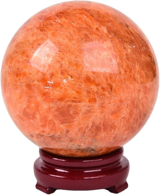 JIC Gem Natural Sunstone Sphere Ball with Wooden Stand for Fengshui Rare Healing Crystal Decoation Meditation Energy Reiki (90-100mm)