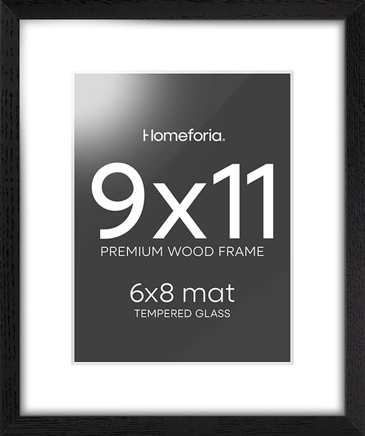 Homeforia 9x11 Black Wood Picture Frame, High End Oak 9 x 11 Frames with Mat 6 by 8 Print, 9by11 Black Wooden Frame Matted to 6x8 inch Photo, Wall or Tabletop Frame, Tempered Glass, Wall Kit, Set of 1