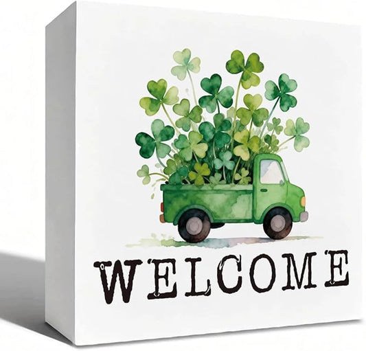 St Patrick Decor Welcome Wooden Box Sign, Shamrock Truck Farmhouse Tabletop Decor for Home Entryway Shelf Desk, Rustic Holiday Wooden Welcome Sign for Irish Theme Home 5 x 5 Inches