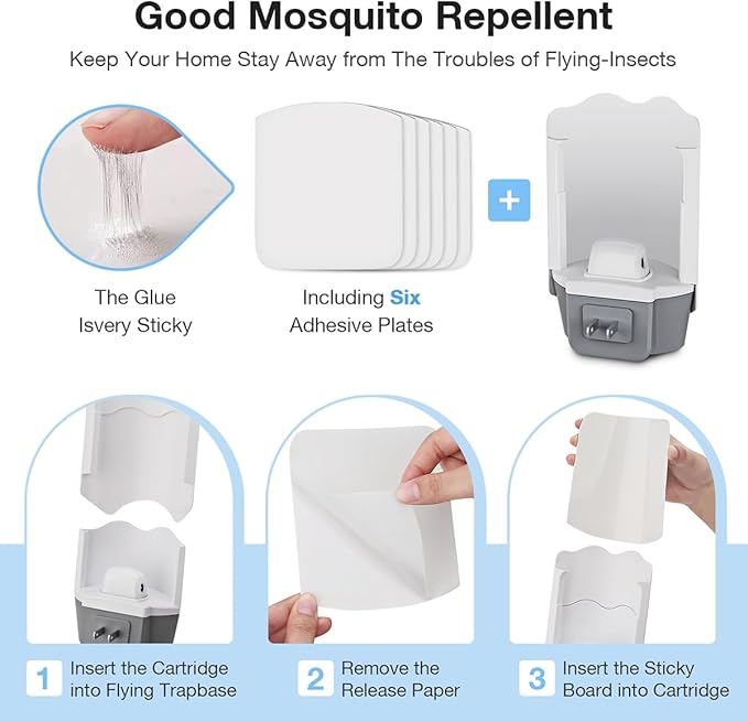 Fly Trap Indoor, 2 Plug-in Fly Catchers with 6 Refill Glue Cards, Fruit Fly & Gnat Trap for Home, Indoor Bug Trap for Mosquitoes, House Flies, Moths & Flying Insects