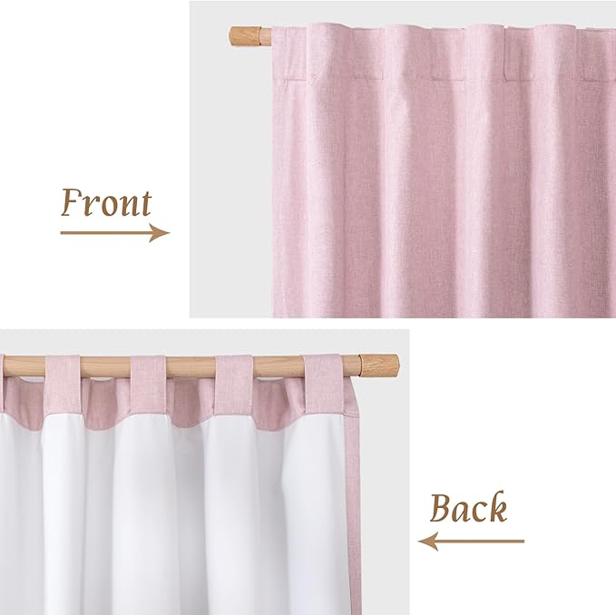 LAMIT 100% Blackout Linen Curtains 63 Inches Long, Linen Textured Living Room Farmhouse Curtains Full Room Darkening Back Tab and Rod Pocket Panels with White Liner, 2 Panels, Pink, 60 x 63 Inch