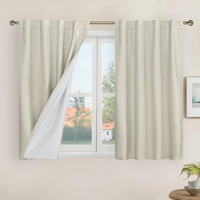 LAMIT Short Linen Curtains 40 Inches Long for Small Window, 100% Blackout Linen Textured Thermal Curtains Back Tab and Rod Pocket Panels with White Liner for Cafe, 2 Panels, 34 x 40 Inch, Stone