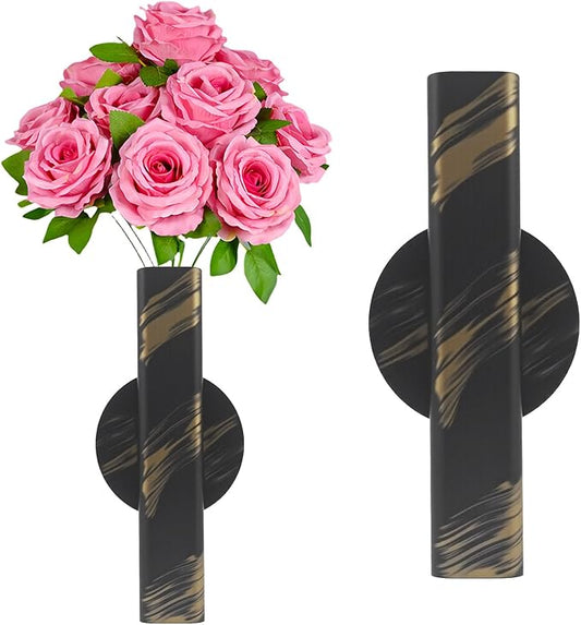 Self Adhesive Wall Vase Metal Tube Decoration Holder Used to Display Dried Flower, Faux Flowers, Fake Flowers, Also Suitable for Cemetery Memorial Decoration (1 Pcs Black and Gold Stripe)