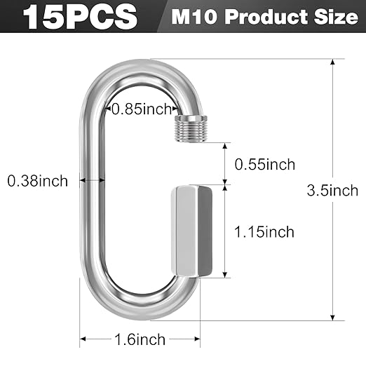 M10-15 Pack 3.5“ Quick Links Chain Connectors, 3/8″ Galvanized Chain Locking Hooks, 2000LBS Heavy Duty Thread Quick Link Clips, Twist Oval Keychain D Shape for Swing, Backpack, Key Ring