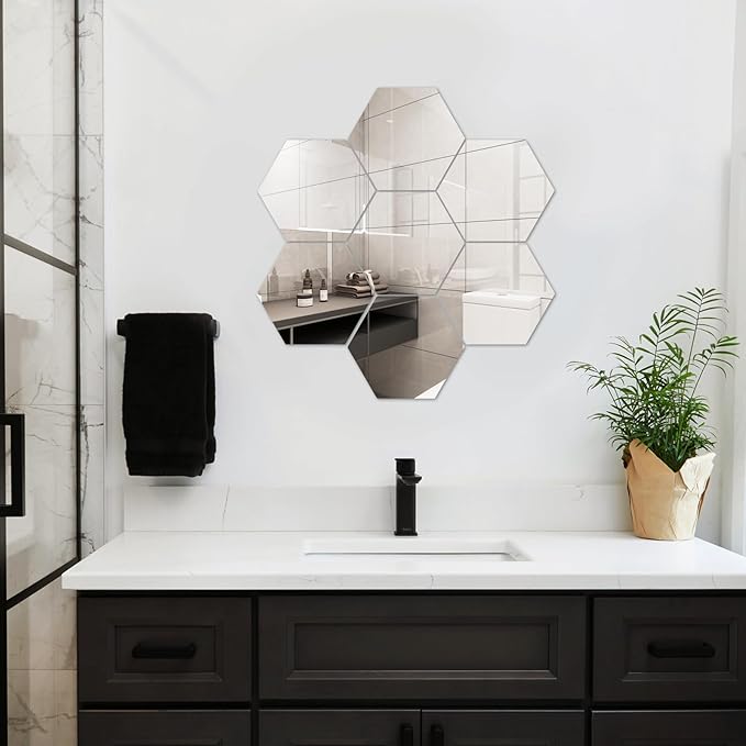 Abyssaly 10 Pack Acrylic Mirror Stickers 11.8" x 11.8", 3D Hexagon Flexible Plastic Mirror Tiles for Wall, Frameless Non-Glass Full Length Stick on Espejos Wall Tile Sheets for Bedroom Home Gym Door
