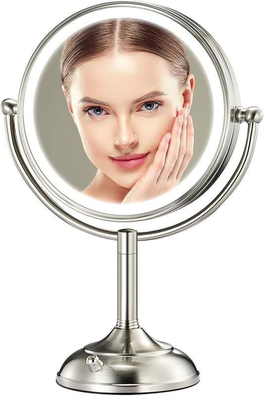 Professional 8.5" Large Lighted Makeup Mirror with Brighter Lights, 1X/10X True HD Magnifying Mirror with 3 Color Dimmable Lights, 90 Shadowless LEDs, 360°Swivel Seamless Vanity Mirror, Pearl Nickel