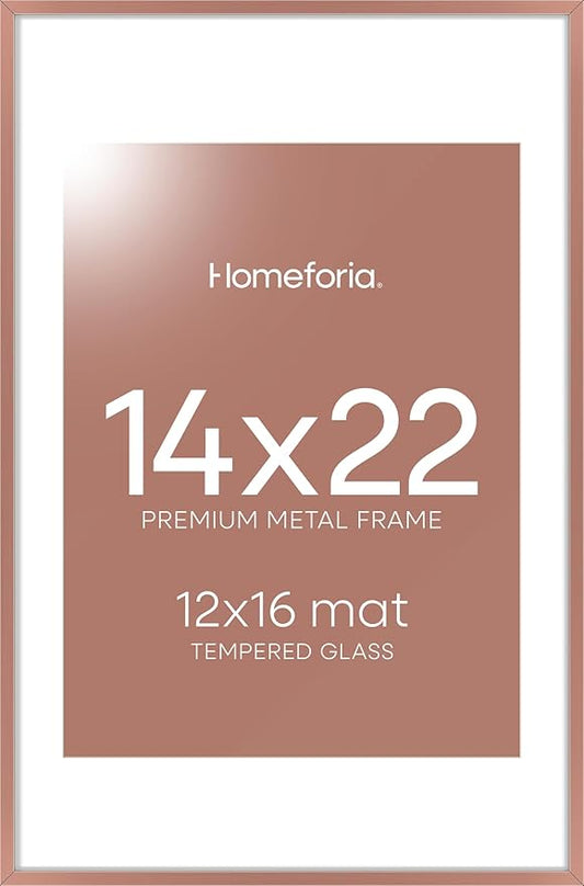 Homeforia 14x22 Picture Frame Mocha, High End Metal 14 x 22 Poster Frames with Mat 12 x 16 for Photo, 14x22 Mocha Frame Matted to 12x16 inch Print, 22x14 Thin Frame, Tempered Glass, Wall Kit, Set of 1