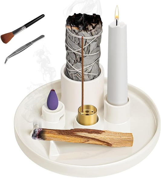 WhiteRhino Ceramic Incense Burner,6 in 1 Multifunction Incense Holder|Sage Holder for Burning|Palo Santo Holder|Candle Holder|Incense Cone Holder|Moon Shape Stand,Ash Catcher Tray for Meditation Yoga