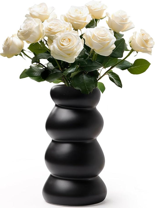 BosilunLife Ceramic Vase with Stacked Bubble Design – Boho Modern Sculptural Flower Vase for Home Decor, Shelf or Table Centerpiece (Black)