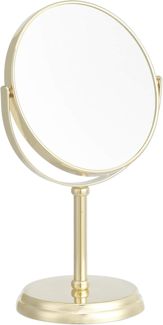 Amazon Basics Tabletop Magnifying Vanity Round Mirror with Clear Reflection, 1X/5X Magnification, Iron Frame, 7.2" x 4.92", Gold