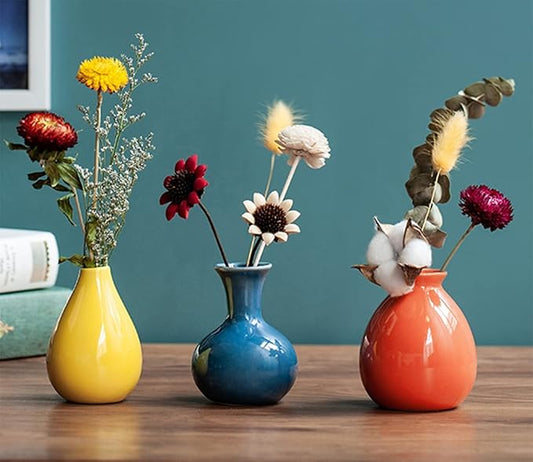 Ceramic Colorful Flower Vases for Home Desk Bookshelf Decoration,Modern Farmhouses Tabletop Small Vase,Set of 3