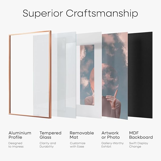 Homeforia 24x24 Picture Frame Rose Gold, High End Metal 24 x 24 Large Square Poster Frame with Mat 20 by 20 inch Photo, 24by24 Thin Frames Matted to 20x20 for Print, Tempered Glass, Wall Kit, Set of 1