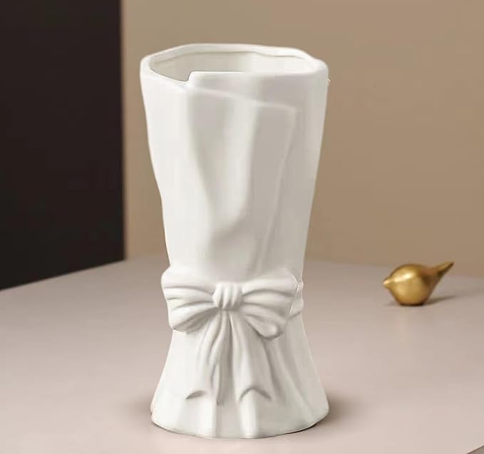 White Flower Vase for Home Decor, White Ceramic Vases for Boho Style, Bow Decor, 9.3 Inch Flower Vases for Bouquet, Large Vase for Ideal Shelf Decor/Table. (Large)