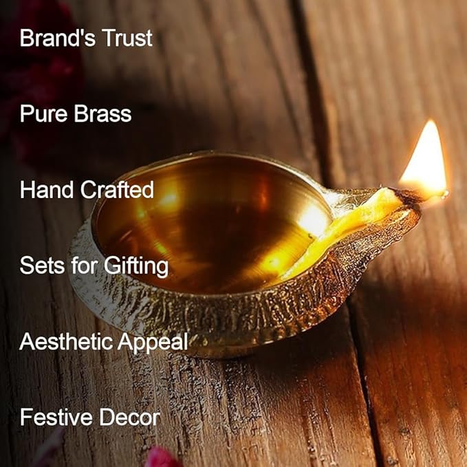 Pure Brass Diya for Puja [10 Pc] - Handmade Diyas for Diwali Indian Brass Oil Lamp for Pooja - Kutthu vilakku nilakku Deepam for Diwali Decoration Hashcart®
