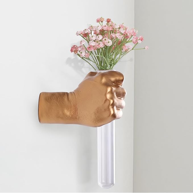 Unique Wall Sculptures, Hand Vases Home Decor, Wall Mount Art Sculpture, Unique Wall Art Statue, Funky Flower Vase Decorations, Modern Eclectic Hanging Decor,Glass Test Tube Vase (Gold)