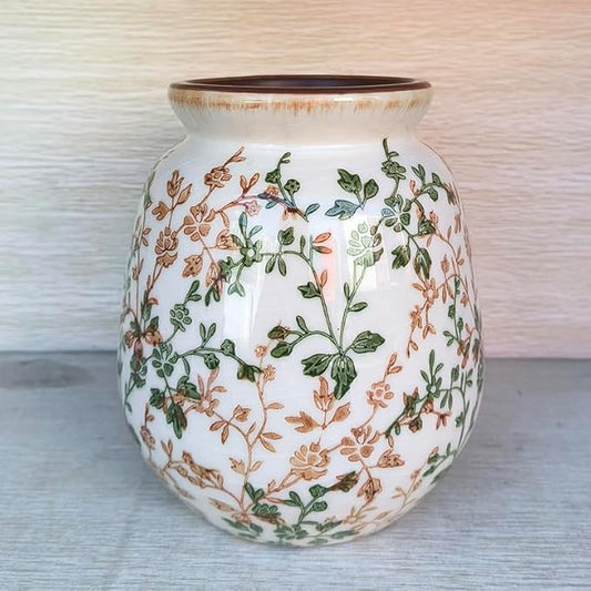 SIDUCAL Ceramic Vintage Pastoral Vase, 7.2 Inch Chinoiserie Floral Vase, Retro Ice Cracked Rustic Farmhouse Vases for Home Decor, Living Room, Bookshelf, Office, Tuscan Decor, Green and Beige