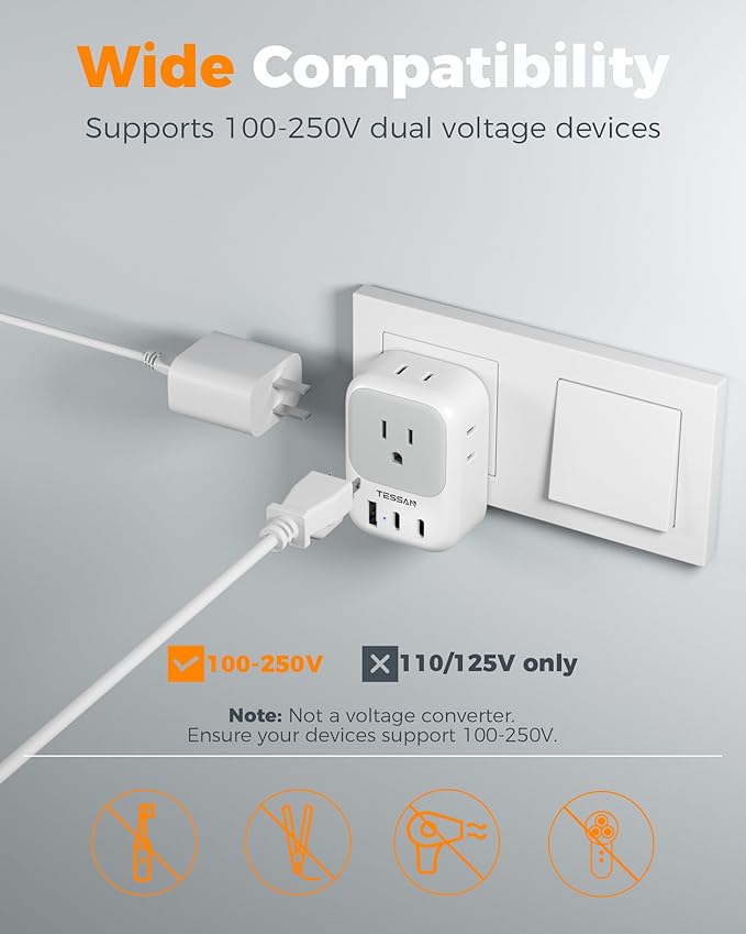Italy Travel Plug Adapter 2 Pack, TESSAN Type L Adapter for Travel with 4 Outlets 3 USB (2 USB-C), Power Adaptor for US to Italy Chile Rome Uruguay Milan Libya