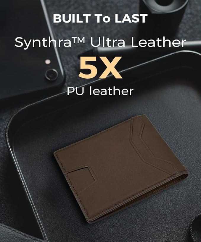 7worldlet Slim RFID Blocking Wallets for Men Synthra™ Ultra Leather Bifold Minimalist Wallet 11 Cord Holder Thin Mens Wallet with Gift Box (Brown)