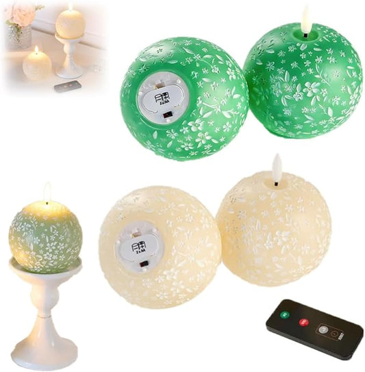 Flameless Spring Carved Spheres, Flameless LED Candles with Remote Control & 6-Hour Timer, Carved Sphere Design for Romantic Ambiance, Cozier Glow Candles for Valentine's Day, Wedding