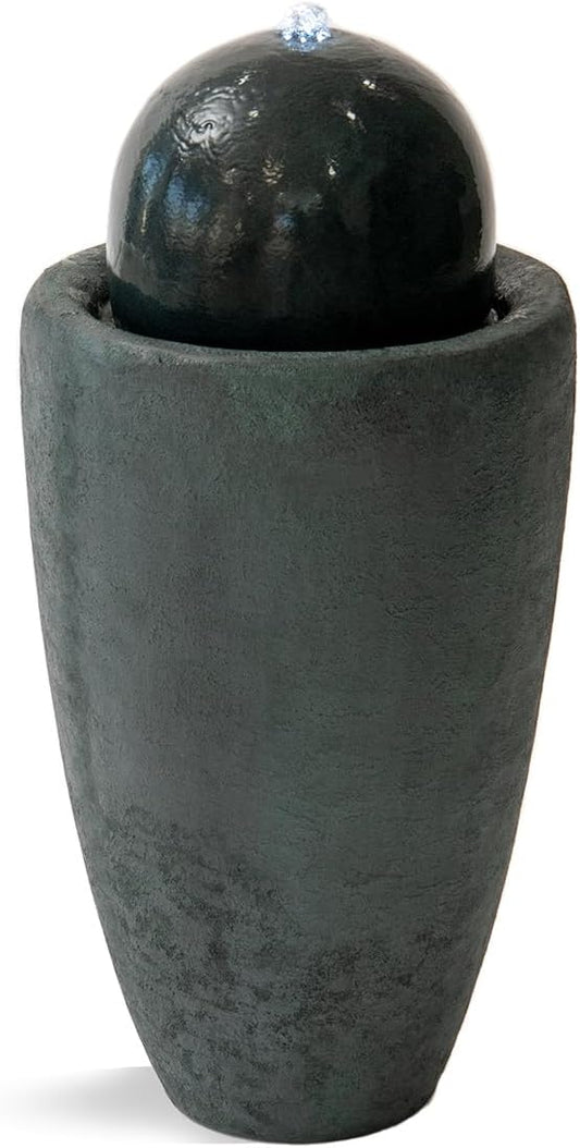 XBrand 25.98" H Dark Green Round Stone Indoor/Outdoor Modern Sphere Water Fountain w/LED Lights – Ball Bubbling Fountain Décor for Garden, Patio, or Tabletop