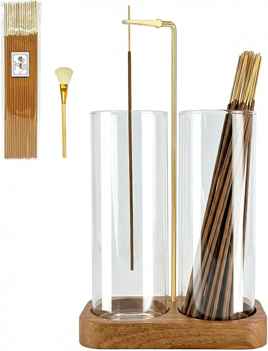 Incense Holder,Wooden Incense Holder for Sticks with 20 Incense Sticks, Anti-ash Incense Burner with Glass Ash Catcher, Wood Incense Holder 20 Stick (2 Glass Rectangle Base)
