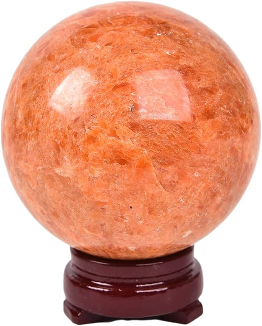 JIC Gem Sunstone Crystal Sphere Ball Natural Quartz Crystal Sphere Ball with Wooden Stand (50-60mm)