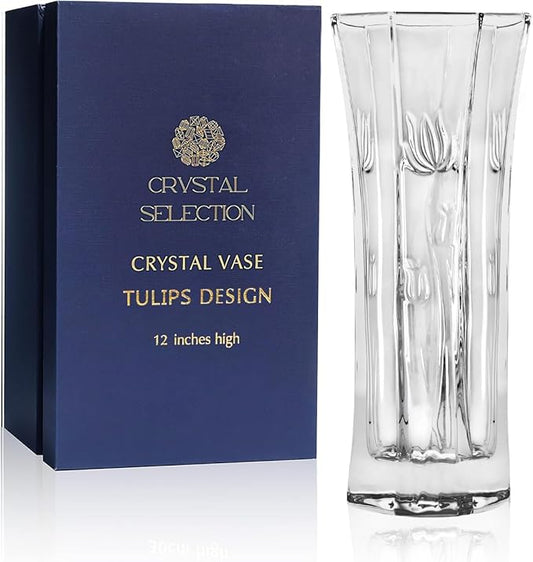CS Crystal Vase 12-inch high, Tulip Design, for Flowers & Decor. Lovely Nice Shiny Piece. Perfect as a Gift, Suitable for All Occasions.