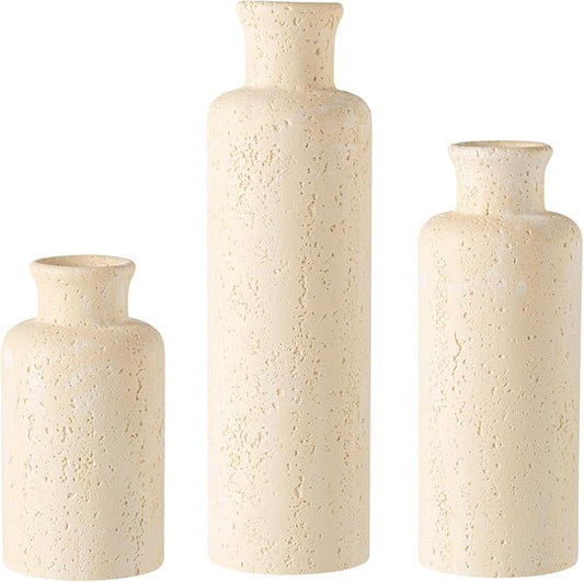 Flower Vase Set, Stone Look, 3 PCS Small Decorative Bud Vases for Pampas Grass, Farmhouse Decor, Kitchen, Living Room, Bathroom, Bedroom, Office, Shelf Centerpiece Table Decoration (Yellow)