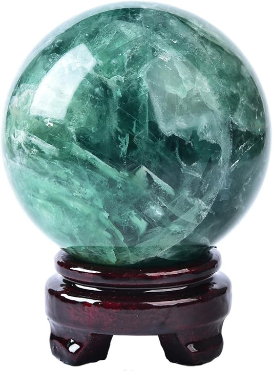 Large Green Fluorite Crystal Ball with Stand Natural Crystals Sphere Gemstone Ball Meditation Witchcraft Home Decor 80-90mm/3.1-3.5"