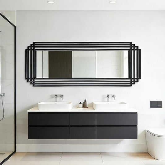 Geometric Mirror with Black Metal Frame, 63"x24" Large Rectangle Art Deco Mirror, Modern Elegant Wall Mirrors for Living Room Bathroom Entryway Hallway, Hangs Vertically or Horizontally