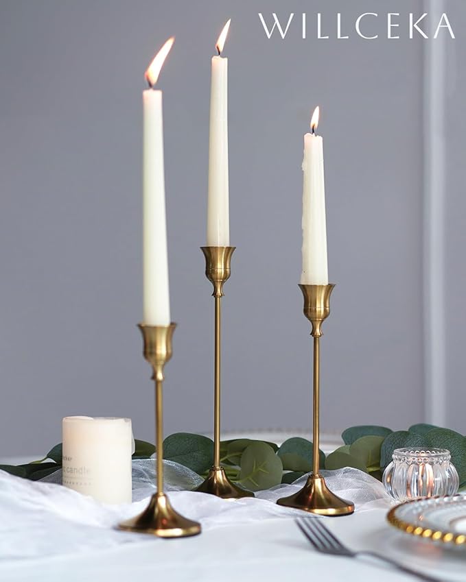 Willceka Gold Candlestick Holders, Taper Candle Holders, Set of 6 Brass Candle Holder Set, Vintage Table Centerpiece for Wedding Christmas Holiday