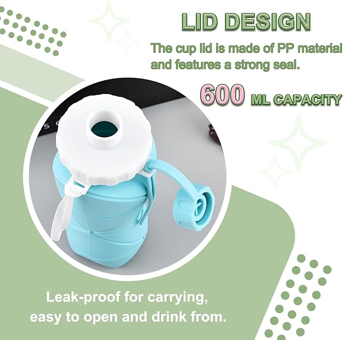 JINGYAN Collapsible Water Bottle 20oz, BPA-Free Silicone Foldable Design with Leak-Proof Lid & Lanyard - Portable Travel Water Bottle for Hiking, Gym, Camping (Green)