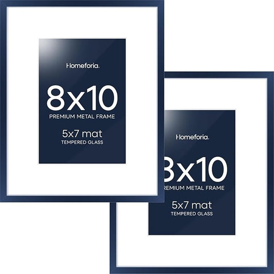 Homeforia 8x10 Picture Frame Navy Blue, High End Metal 8 x 10 Poster Frames with Mat 5 by 7 Print, 10x8 Thin Frame Matted to 7x5 Photo, 8by10 Wall or Tabletop Frame, Tempered Glass, Wall Kit, Set of 2