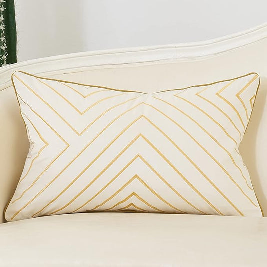 Avigers 12 x 20 Inch White Gold Striped Geometric Lines Embroidery Velvet Cushion Case Luxury Modern Lumbar Throw Pillow Cover Decorative Pillow for Couch Living Room Bedroom Car 30 x 50cm