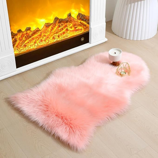 Faux Fur Small Rug 2 x 3 ft Pink Shaggy Sheepskin Machine Washable Fuzzy Area Rug Super Soft Fluffy Plush Carpet for Bedroom Living Room Floor Nursery Kids Room Bedside Rug
