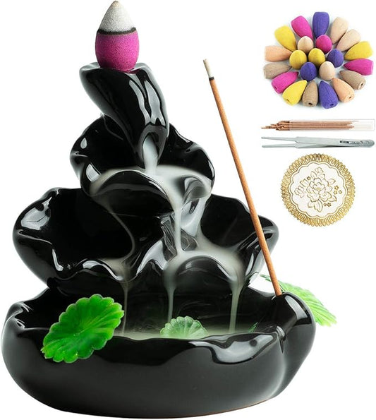 Cute Ceramic Backflow Incense Holder Waterfall Incense Burner with 48 Incense Cones and 30 Incense Stick, Incense Fountain for Home Decor, Desk Decor(Black)