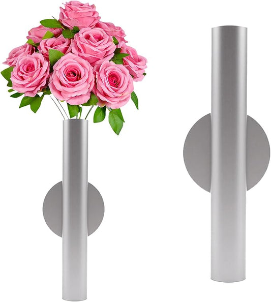 Adhesive Metal Wall Vase Holder - Decorative Tube for Dried/Faux Floral Display, Rust-Resistant Home & Office, Dining Room Also Suitable for Cemetery Memorial Display Decor (1 Pcs Silvery)